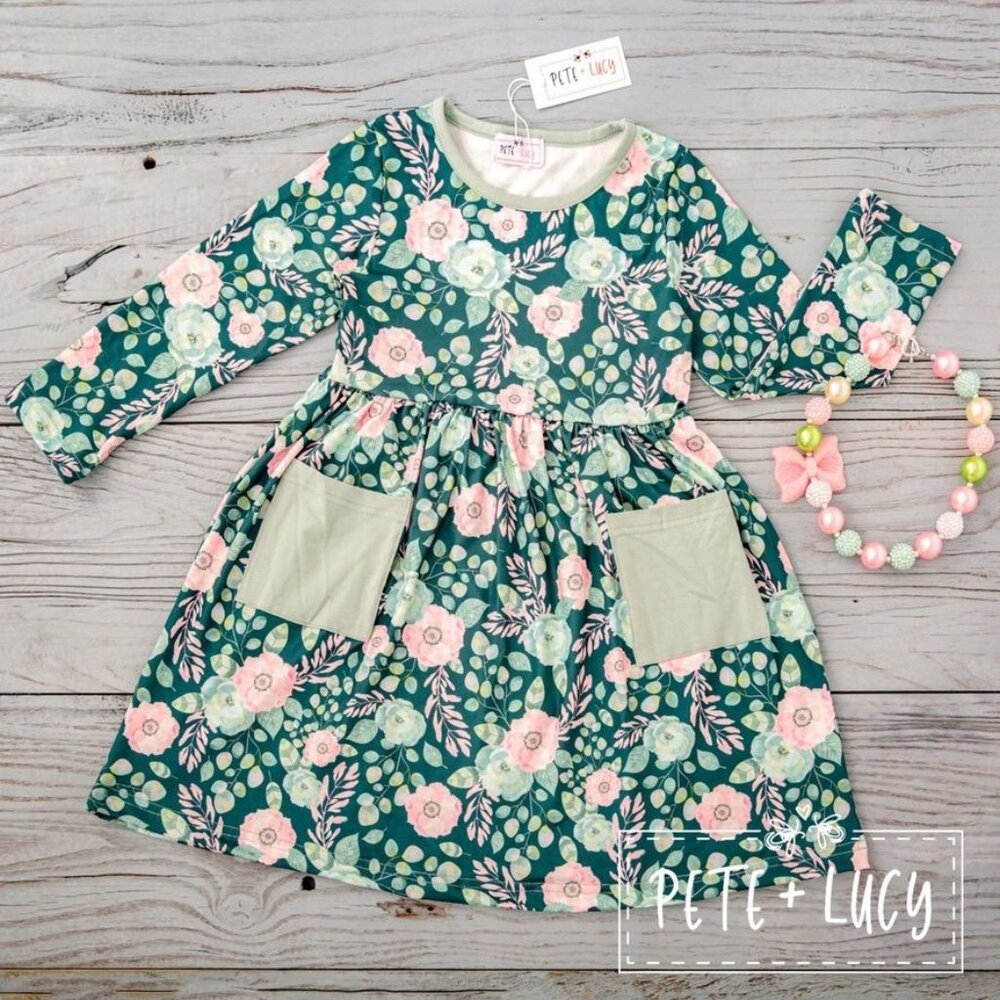 Pete + Lucy Dress 0-6 Sweet Emerald Floral Green Long Sleeve Girls Baby Dress